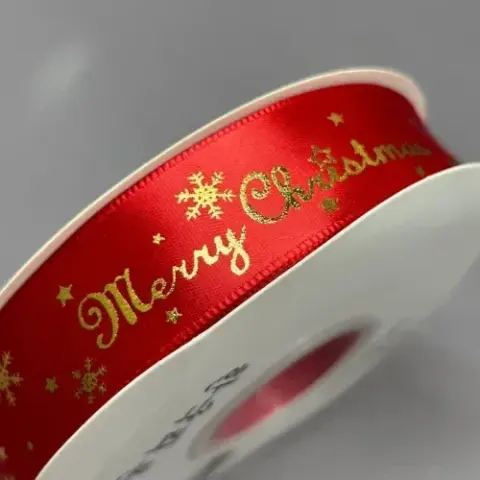 Стрічка атлас новорічна Merry Christmas 2,5см червона (№МС01)